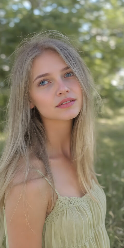 A (((beautiful young adult teen girl))), with long, flowing (((straight light green hair))), (((bright blue eyes))), and (((fair skin))), featuring (((full lips))) and (((white teeth))), that give off a (delicate yet inviting smile). She's dressed in a (((very light, thin summer dress in a soft green hue))), with intricate details and (((very short, translucent, green shades)), that give off a (soft glow) and frame her youthful figure on a (mild grassy hill) looking up at the (sunny sky) and beautiful green trees in the background. She exudes an air of (serene beauty) and is painted in a (soft, impressionistic style) that gives off a (fantastical, dreamlike aesthetic) ((view from the side))