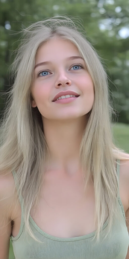 A (((beautiful young adult teen girl))), with long, flowing (((straight light green and blond hair))), (((bright blue eyes))), and (((fair skin))), featuring (((full lips))) and (((white teeth))), that give off a (delicate yet inviting smile). She's dressed in a (((very light, thin tank top in a soft green hue))), with intricate details and (((very short, translucent, green shades)), that give off a (soft glow) and frame her youthful figure on a (mild grassy hill) looking up at the (sunny sky) and beautiful green trees in the background. She exudes an air of (serene beauty) and is painted in a (soft, impressionistic style) that gives off a (fantastical, dreamlike aesthetic), no necklace