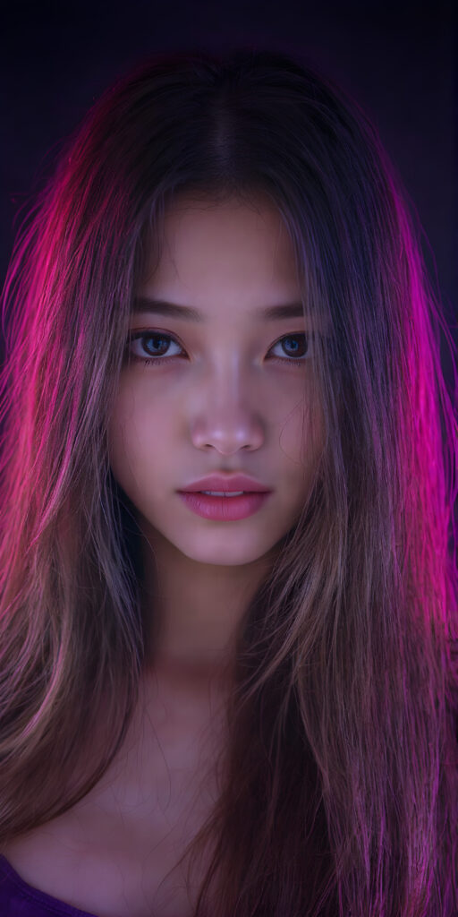 A (((beautiful Asian teen girl))), with (((extremely long, flowing brown hair))) that flows down to her shoulders and cascades down her back in a (((dainty, layered waterfall manner))), paired with (((black irises))), (((pale skin))), and (((a full, cherry mouth))), all posed together in a (((mystical setting))) where the light takes on a magical quality, as if emanating from her features, creating a breathtakingly beautiful image that exudes a sense of otherworldliness (((upper body portrait)))