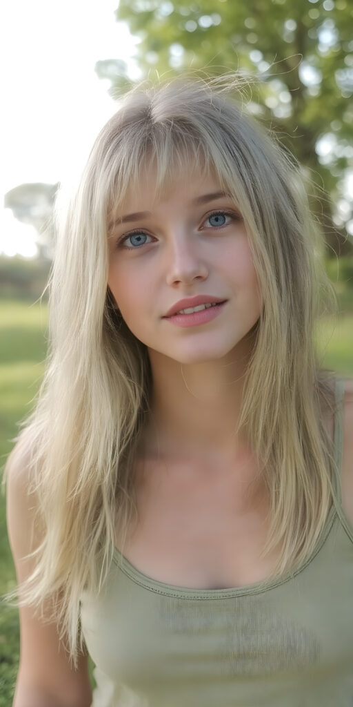 A (((beautiful young adult teen girl))), with long, flowing (((straight light green and blond hair))), (((bright blue eyes))), and (((fair skin))), featuring (((full lips))) and (((white teeth))), that give off a (delicate yet inviting smile). She's dressed in a (((very light, thin tank top in a soft green hue))), with intricate details and (((very short, translucent, green shades)), that give off a (soft glow) and frame her youthful figure on a (mild grassy hill) looking up at the (sunny sky) and beautiful green trees in the background. She exudes an air of (serene beauty) and is painted in a (soft, impressionistic style) that gives off a (fantastical, dreamlike aesthetic), no necklace