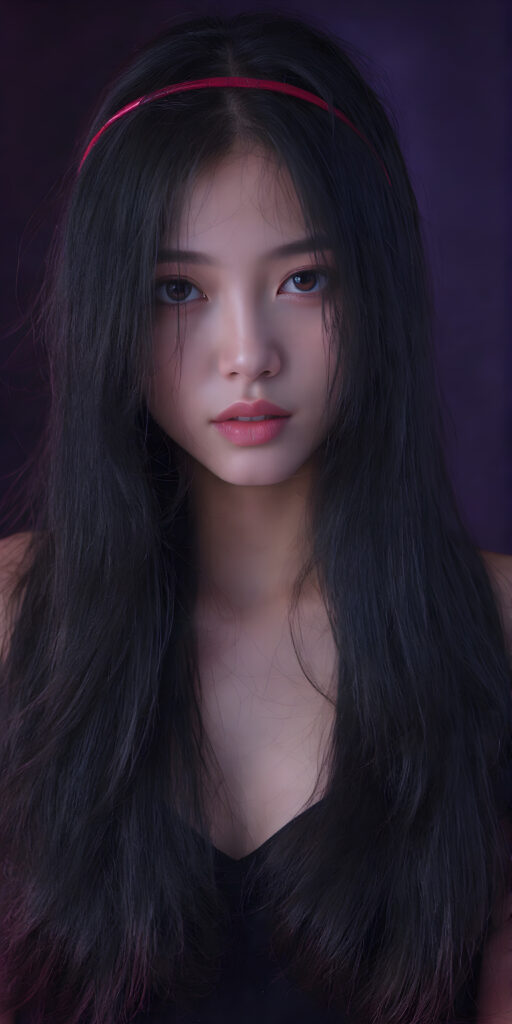 A (((beautiful Asian teen girl))), with (((extremely long, flowing black hair))) that flows down to her shoulders and cascades down her back in a (((dainty, layered waterfall manner))), paired with (((black irises))), (((pale skin))), and (((a full, cherry mouth))), all posed together in a (((mystical setting))) where the light takes on a magical quality, as if emanating from her features, creating a breathtakingly beautiful image that exudes a sense of otherworldliness (((upper body portrait))) ((she wears a red headband))