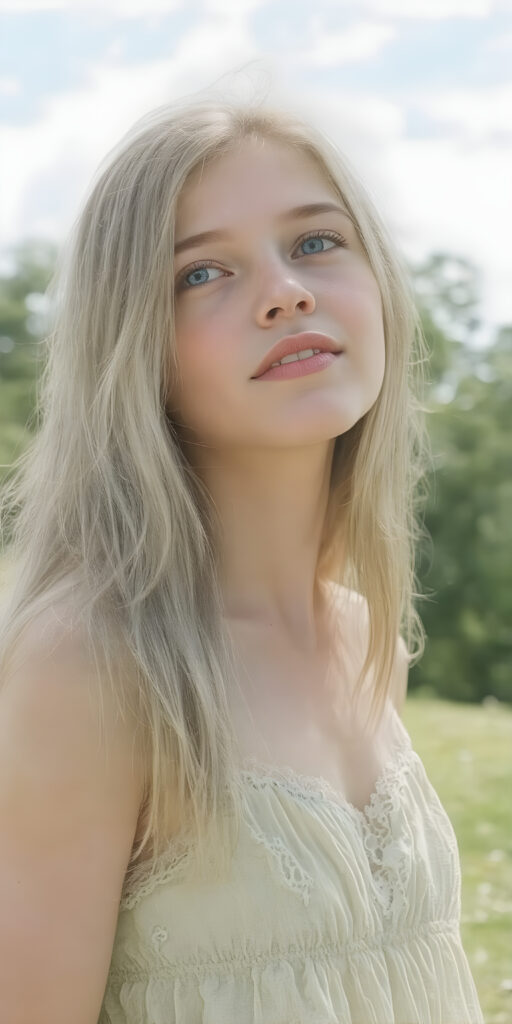 A (((beautiful young adult teen girl))), with long, flowing (((straight light green hair))), (((bright blue eyes))), and (((fair skin))), featuring (((full lips))) and (((white teeth))), that give off a (delicate yet inviting smile). She's dressed in a (((very light, thin summer dress in a soft green hue))), with intricate details and (((very short, translucent, green shades)), that give off a (soft glow) and frame her youthful figure on a (mild grassy hill) looking up at the (sunny sky) and beautiful green trees in the background. She exudes an air of (serene beauty) and is painted in a (soft, impressionistic style) that gives off a (fantastical, dreamlike aesthetic) ((view from the side))