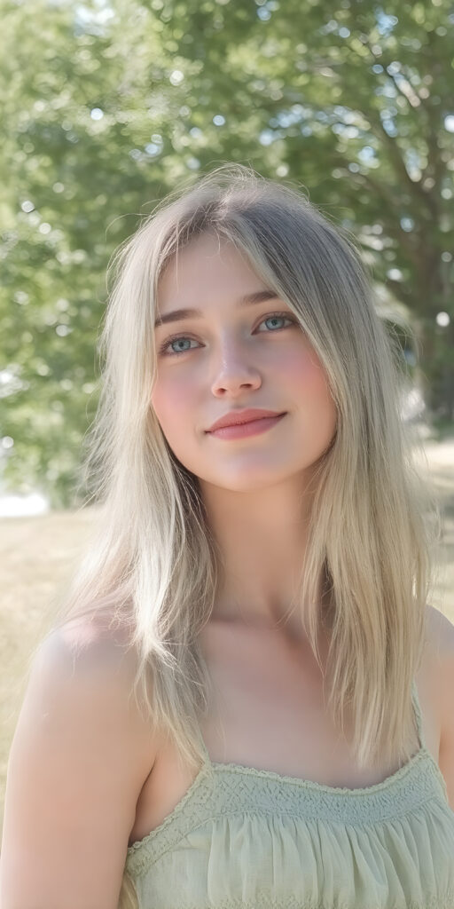 A (((beautiful young adult teen girl))), with long, flowing (((straight light green hair))), (((bright blue eyes))), and (((fair skin))), featuring (((full lips))) and (((white teeth))), that give off a (delicate yet inviting smile). She's dressed in a (((very light, thin summer dress in a soft green hue))), with intricate details and (((very short, translucent, green shades)), that give off a (soft glow) and frame her youthful figure on a (mild grassy hill) looking up at the (sunny sky) and beautiful green trees in the background. She exudes an air of (serene beauty) and is painted in a (soft, impressionistic style) that gives off a (fantastical, dreamlike aesthetic) ((view from the side))