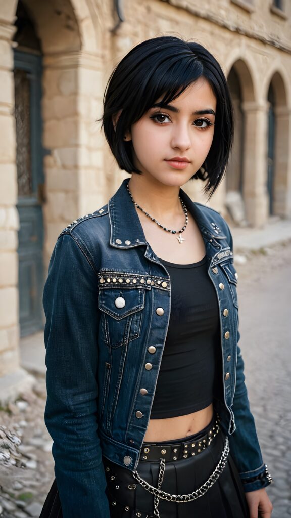 A beautiful, emo-styled (((Syrian teen girl))), with short, flowing, black bob hair framing one eye and thick, black eyebrows, dressed in a sleek, black denim jacket, a classic goth skirt, and fishnet tights, accessorized with studded details like a belt and bracelets