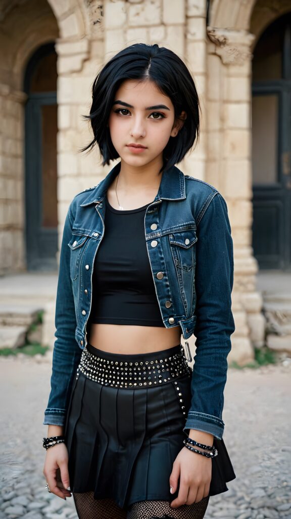 A beautiful, emo-styled (((Syrian teen girl))), with short, flowing, black bob hair framing one eye and thick, black eyebrows, dressed in a sleek, black denim jacket, a classic goth skirt, and fishnet tights, accessorized with studded details like a belt and bracelets