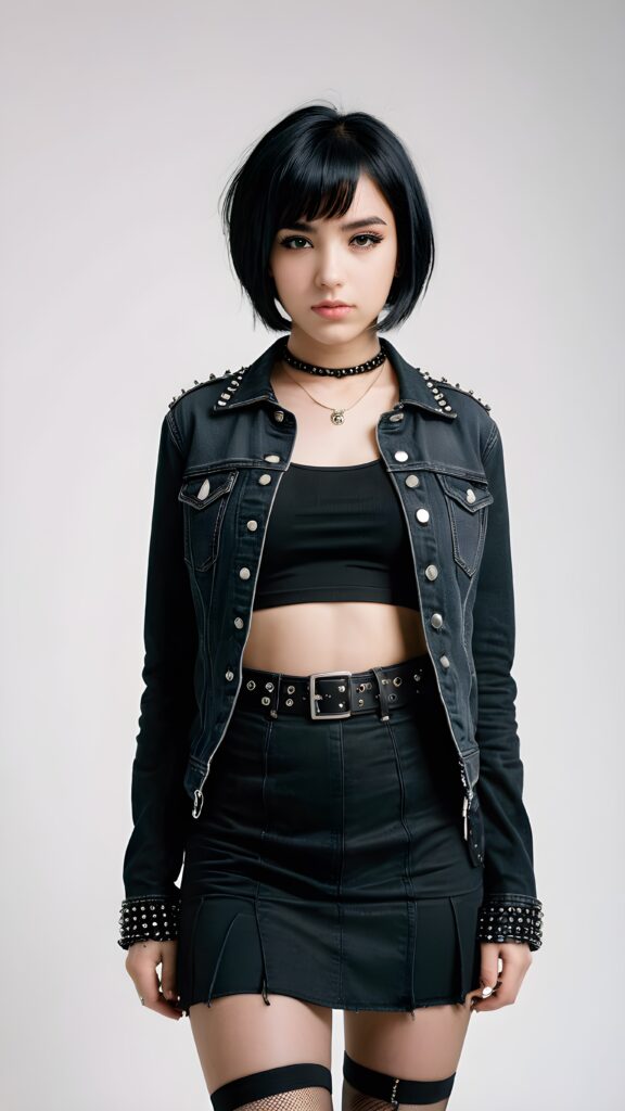 a beautiful, emo-styled (((teen girl))), with short, flowing, black bob hair framing one eye and thick, black eyebrows, dressed in a sleek, black denim jacket, a classic goth skirt, and fishnet tights, accessorized with studded details like a belt and bracelets ((white background)) ((stunning)) ((gorgeous))