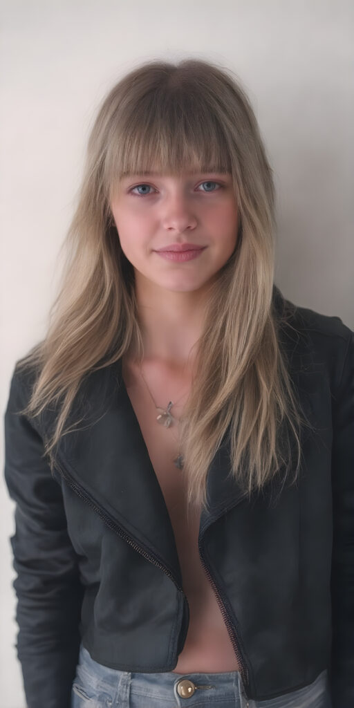 A (((beautiful young cute teenage girl))), age 15, with flowing, (((long, two-toned blond hair with bangs))), that subtly matches the contours of her face, covering her eyes and ears, creating a soft, ethereal glow around her head. She's dressed in a sleek, ((black, form-fitting biker jacket)) with intricate, ((tribal-inspired detailing)), paired with light denim jeans. Her smile radiates cheerfulness, set against a (softly hazy white backdrop), (full body), ((tattoo art)) that elegantly matches the contours of her body and complements her youthful face, giving off an air of confidence and poise, ((poker face)) that exudes sophistication and playfulness