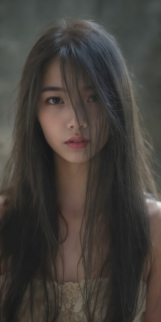 A (((beautiful Asian teen girl))), with (((extremely long, flowing black hair))) that flows down to her shoulders and cascades down her back in a (((dainty, layered waterfall manner))), paired with (((black irises))), (((pale skin))), and (((a full, cherry mouth))), all posed together in a (((mystical setting))) where the light takes on a magical quality, as if emanating from her features, creating a breathtakingly beautiful image that exudes a sense of otherworldliness (((upper body portrait)))