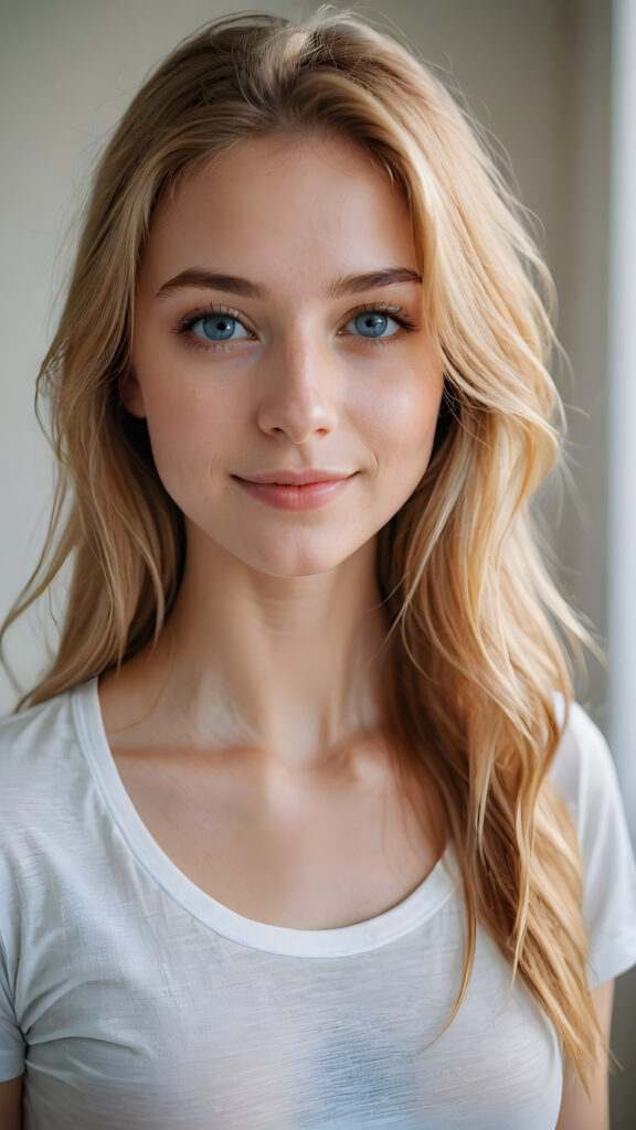 A beautiful young and delicate girl wears a thin and long T-shirt with a deep neckline. She looks seductively at the viewer and has thin, golden silky smooth beautiful hair that falls over her upper body, she smiles a little and has her mouth slightly open. Big blue eyes. View from the side