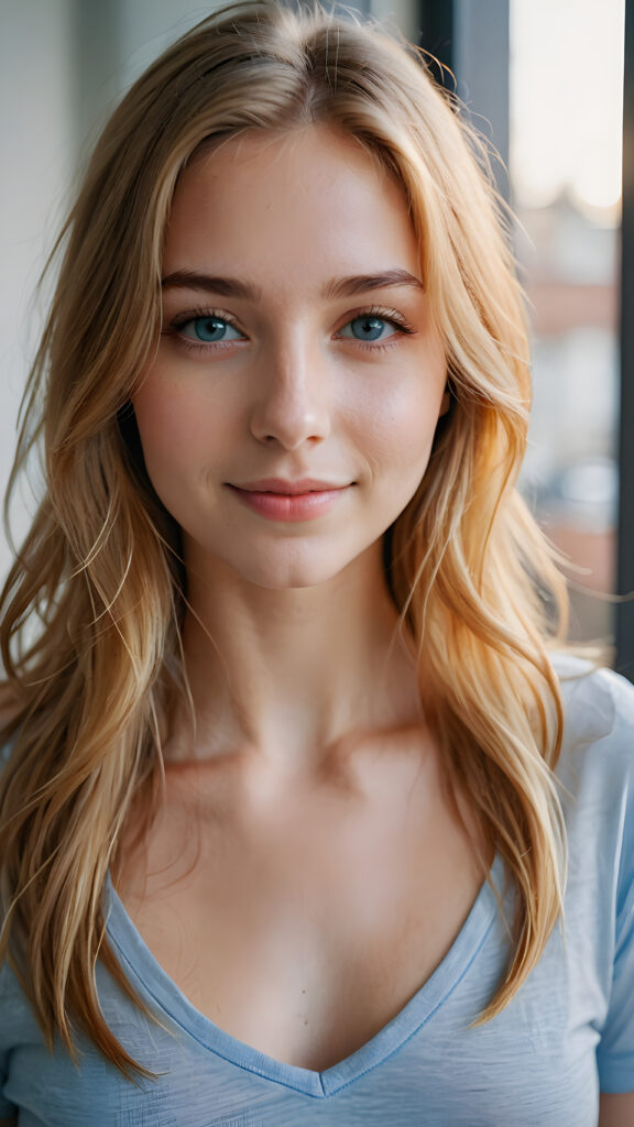 A beautiful young and delicate girl wears a thin and long T-shirt with a deep neckline. She looks seductively at the viewer and has thin, golden silky smooth beautiful hair that falls over her upper body, she smiles a little and has her mouth slightly open. Big blue eyes. View from the side