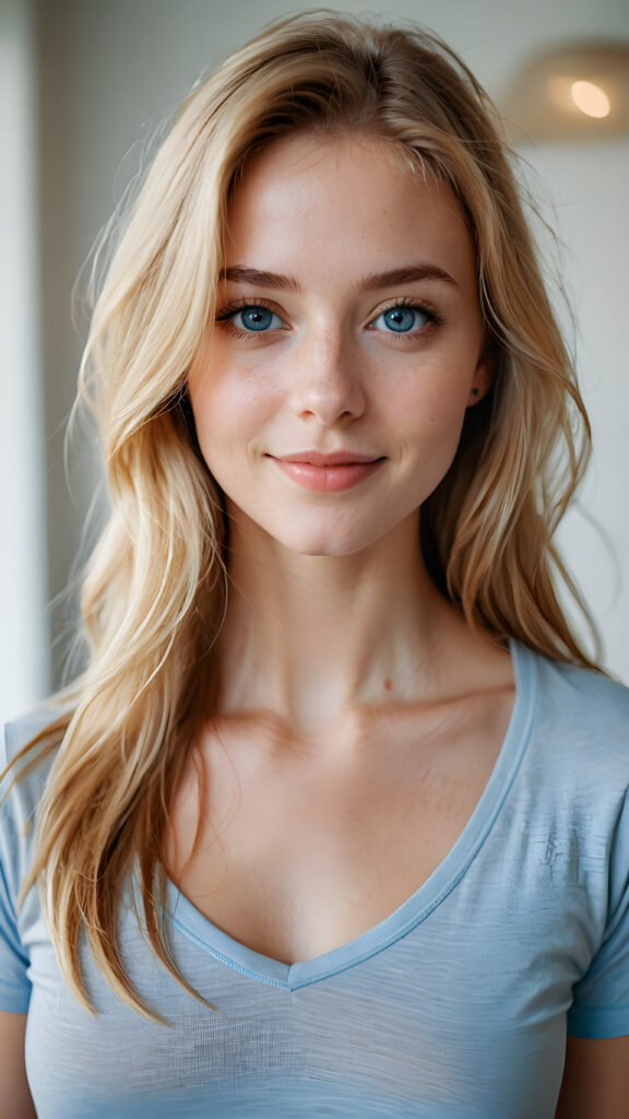 A beautiful young and delicate girl wears a thin and long T-shirt with a deep neckline. She looks seductively at the viewer and has thin, golden silky smooth beautiful hair that falls over her upper body, she smiles a little and has her mouth slightly open. Big blue eyes. View from the side