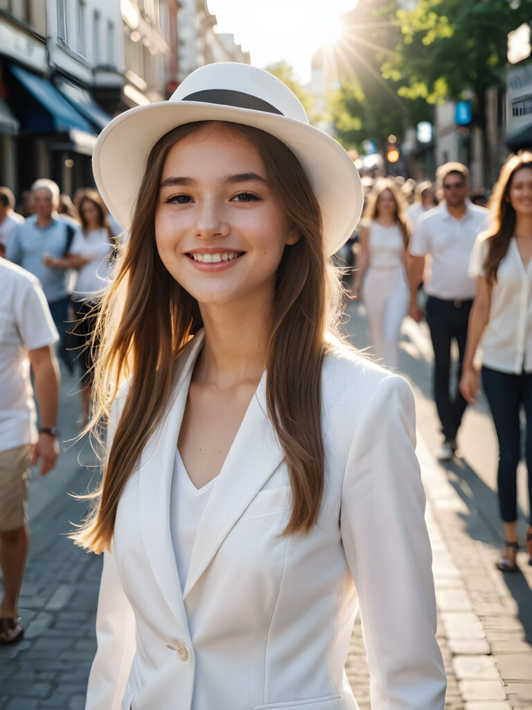 a beautiful young teen girl stands on a busy street. She has long hair and is wearing an elegant white suit and a white hat. She smiles at the camera. The sun is shining and illuminating her face.