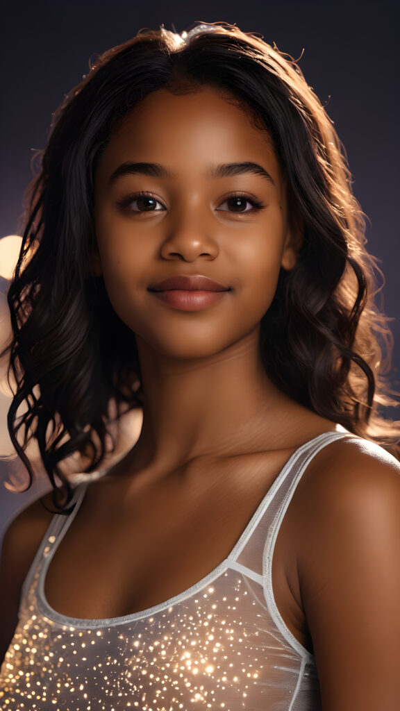 a (((beautifully drawn (((cinematic lights))) young black teen girl))), aged 14, with long, realistically detailed, flowing black hair and a round, angelic face, poised with a warm smile, facing the camera for a softly focused, perfectly composed portrait shot. Her figure is flawlessly proportioned, her skin tone is distinctively dark, and she's clad in a sleek, super short, form-fitting tank top that showcases every nuance of her striking realism