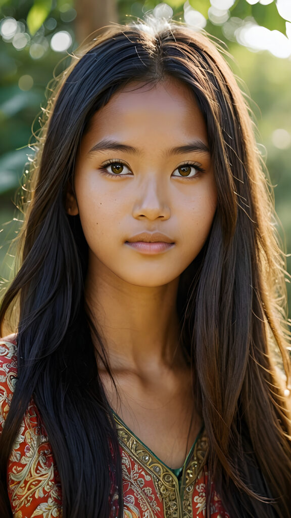 a (((beautifully drawn portrait))) of a (((Burmese teen girl))) with long, flowing, (((straight hair))) and a (((stunningly realistic face))), intricate details capturing a (((luminous Burmese youth))), aged 15, her eyes looking directly into the camera with perfect curls and a flawlessly proportioned figure presented in a (((side profile))), evoking a sense of ethereal realism