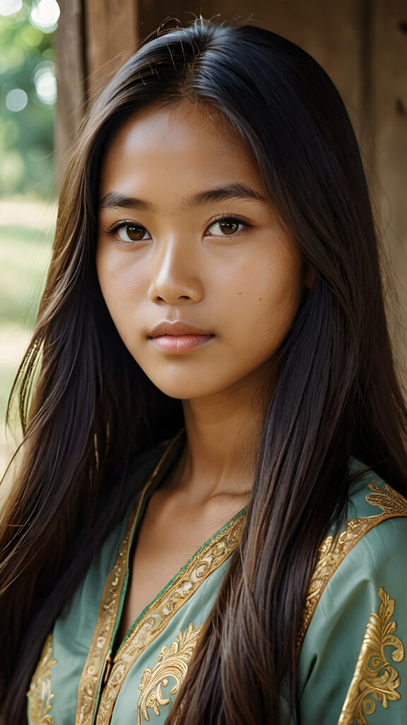 a (((beautifully drawn portrait))) of a (((Burmese teen girl))) with long, flowing, (((straight hair))) and a (((stunningly realistic face))), intricate details capturing a (((luminous Burmese youth))), aged 15, her eyes looking directly into the camera with perfect curls and a flawlessly proportioned figure presented in a (((side profile))), evoking a sense of ethereal realism