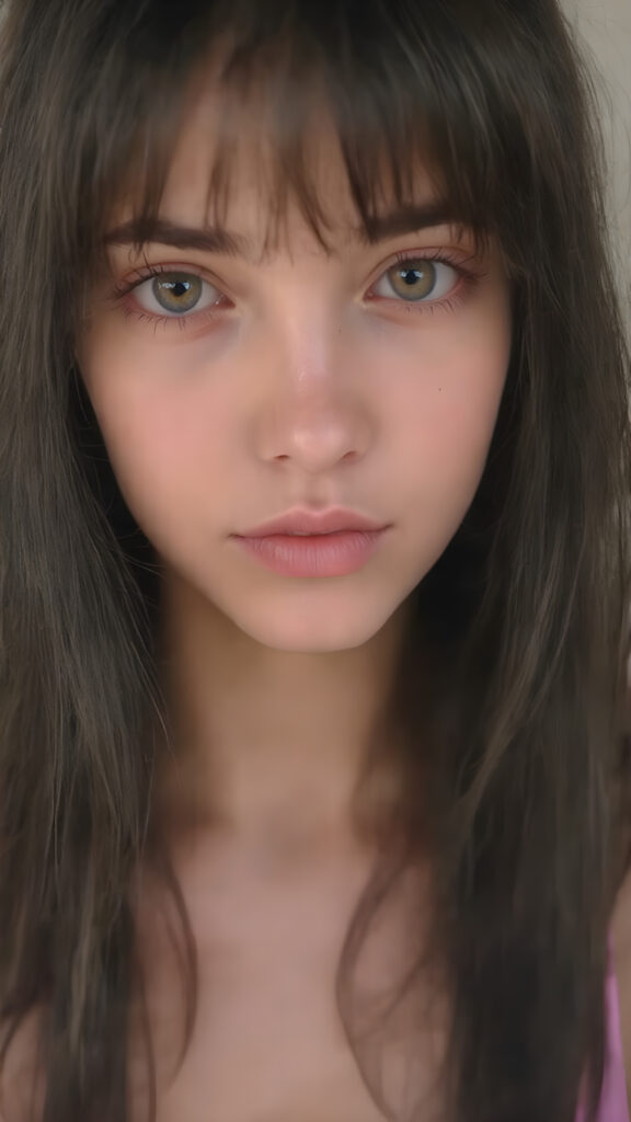 A beautifully (((straight view, clear face of a young, petite, sexy and cute adult girl))), with long, flowing, slightly wavy black hair extending down to her hips, and (((black bangs))), that frames her face. Her eyes are a (((light brown))), and her pupils are a (deep brown) that gives a seductive look. She's dressed in a (short, tight, pink cropped tank top)