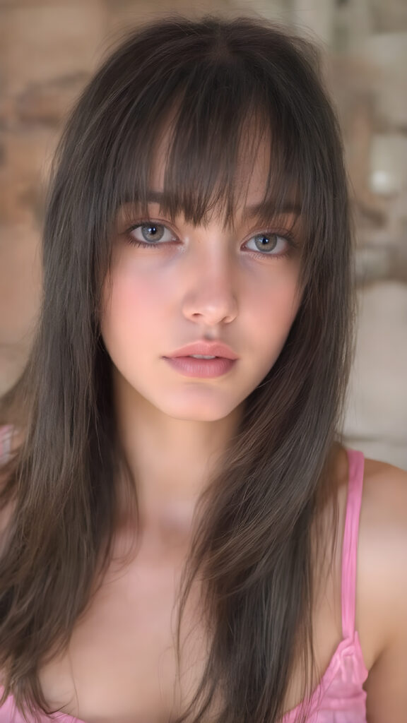 A beautifully (((straight view, clear face of a young, petite, sexy and cute adult girl))), with long, flowing, slightly wavy black hair extending down to her hips, and (((black bangs))), that frames her face. Her eyes are a (((light brown))), and her pupils are a (deep brown) that gives a seductive look. She's dressed in a (short, tight, pink cropped tank top)