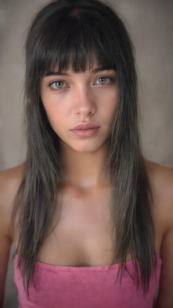 A beautifully (((straight view, clear face of a young, petite, sexy and cute adult girl))), with long, flowing, slightly wavy black hair extending down to her hips, and (((black bangs))), that frames her face. Her eyes are a (((light brown))), and her pupils are a (deep brown) that gives a seductive look. She's dressed in a (short, tight, pink cropped tank top)