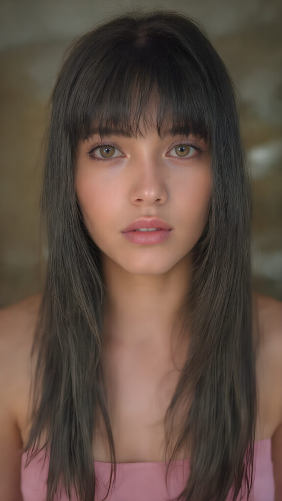 A beautifully (((straight view, clear face of a young, petite, sexy and cute adult girl))), with long, flowing, slightly wavy black hair extending down to her hips, and (((black bangs))), that frames her face. Her eyes are a (((light brown))), and her pupils are a (deep brown) that gives a seductive look. She's dressed in a (short, tight, pink cropped tank top)