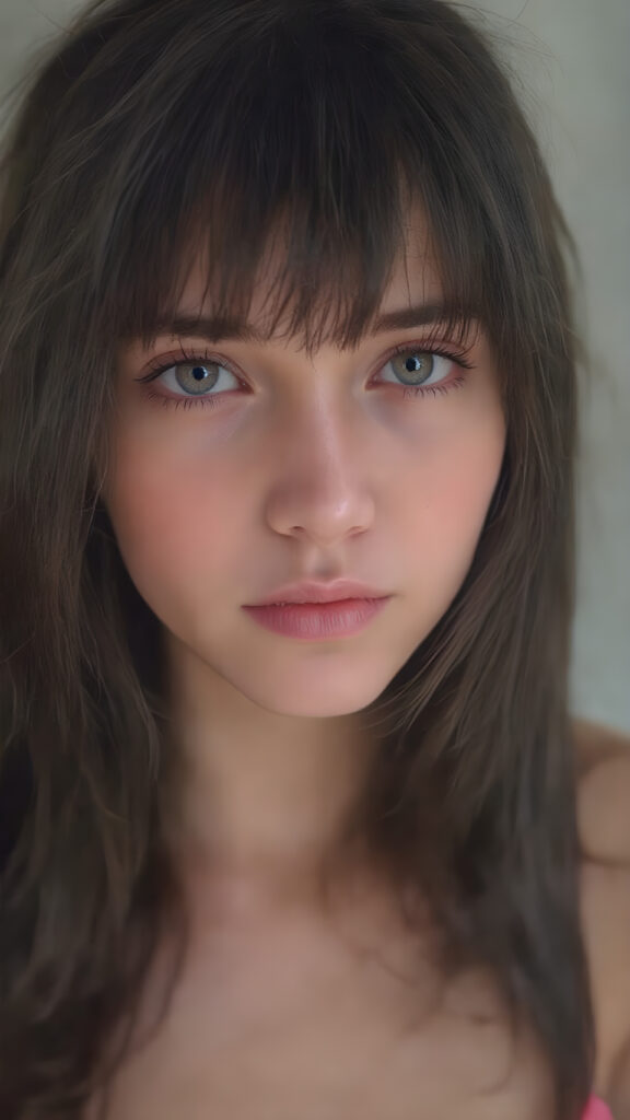 A beautifully (((straight view, clear face of a young, petite, sexy and cute adult girl))), with long, flowing, slightly wavy black hair extending down to her hips, and (((black bangs))), that frames her face. Her eyes are a (((light brown))), and her pupils are a (deep brown) that gives a seductive look. She's dressed in a (short, tight, pink cropped tank top)