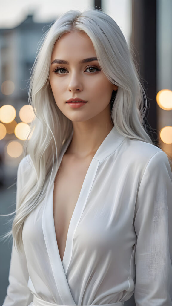 a beautifully drawn (((silver-skinned girl))) with flowing, (((straight platinum hair))), dressed in a timelessly classic style in (((white clothes)))