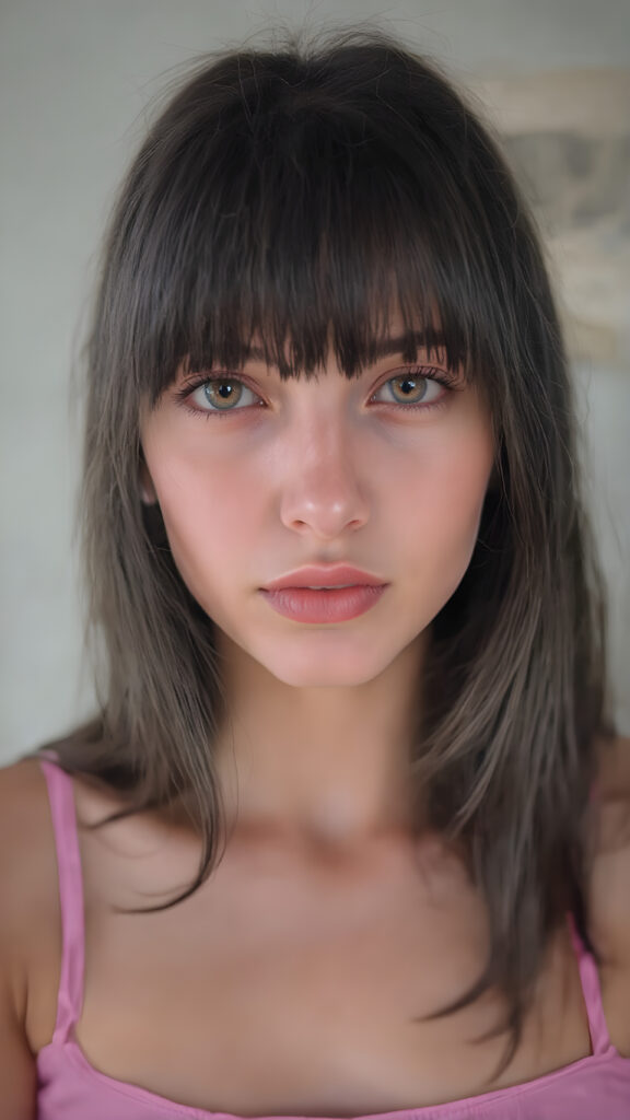 A beautifully (((straight view, clear face of a young, petite, sexy and cute adult girl))), with long, flowing, slightly wavy black hair extending down to her hips, and (((black bangs))), that frames her face. Her eyes are a (((light brown))), and her pupils are a (deep brown) that gives a seductive look. She's dressed in a (short, tight, pink cropped tank top)