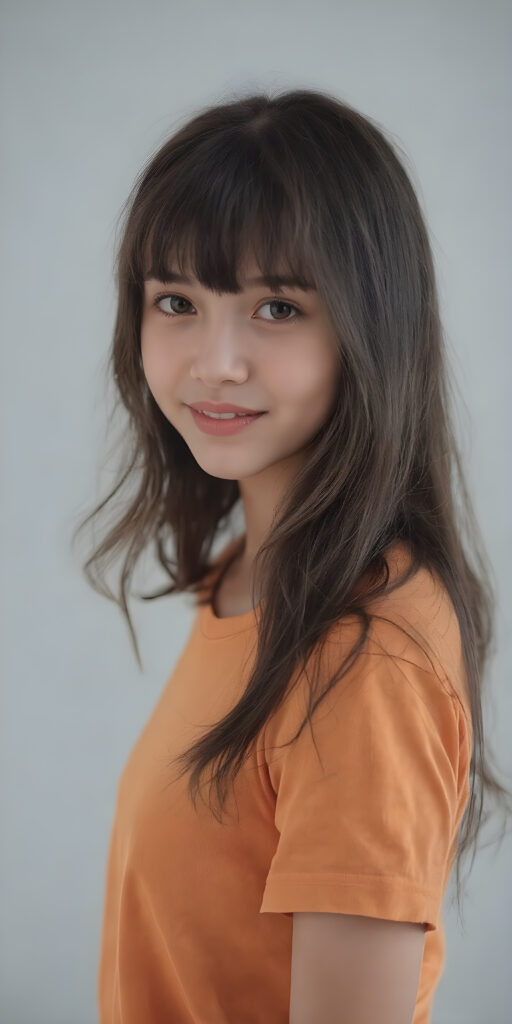 A beautifully realistic (((photo of a petite, teen girl, wears a short amber t-shirt))). The scene is framed by her long, wavy ((black hair)), which cascades down her back in a soft, elegant (bangs cut). Her face is round with (almond skin) and (rosy cheeks)) that blush prettily. She's posed against a (plain grey background), in a (full body portrait) that captures her youthful vitality. Her eyes are (((focused detailed))), with a (natural light) that brings out her (amber hue) and the intricate details of her (skin texture) show through. The image exudes a sense of (realism) and (hyper-detailed beauty). Her (cheerful smile, open mouth, white teeth) adds a touch of (natural joy).