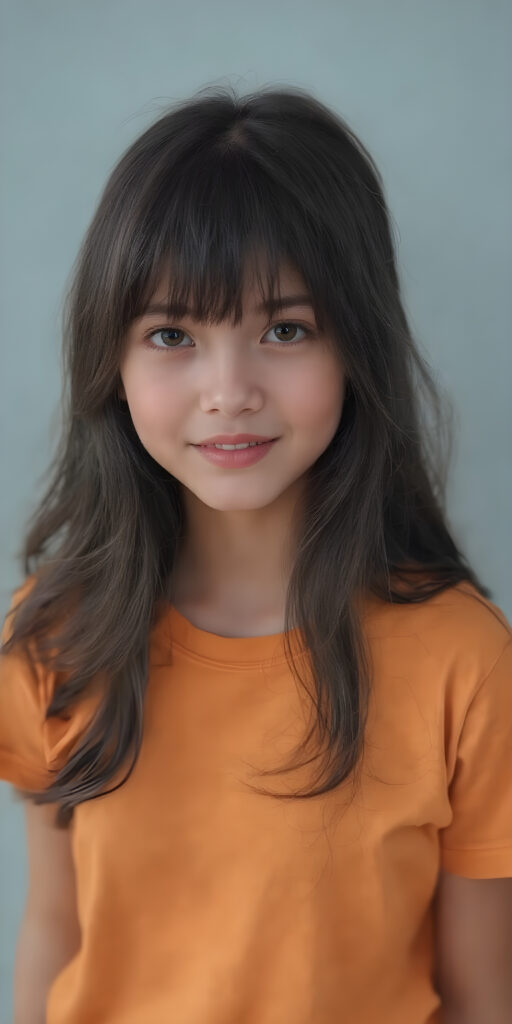 A beautifully realistic (((photo of a petite, teen girl, wears a short amber t-shirt))). The scene is framed by her long, wavy ((black hair)), which cascades down her back in a soft, elegant (bangs cut). Her face is round with (almond skin) and (rosy cheeks)) that blush prettily. She's posed against a (plain grey background), in a (full body portrait) that captures her youthful vitality. Her eyes are (((focused detailed))), with a (natural light) that brings out her (amber hue) and the intricate details of her (skin texture) show through. The image exudes a sense of (realism) and (hyper-detailed beauty). Her (cheerful smile, open mouth, white teeth) adds a touch of (natural joy).