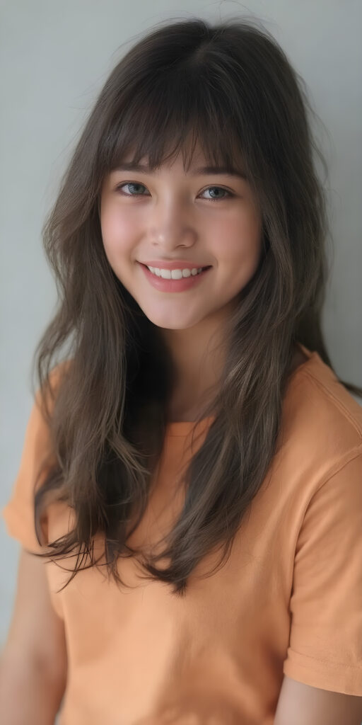 A beautifully realistic (((photo of a petite, teen girl, wears a short amber t-shirt))). The scene is framed by her long, wavy ((black hair)), which cascades down her back in a soft, elegant (bangs cut). Her face is round with (almond skin) and (rosy cheeks)) that blush prettily. She's posed against a (plain grey background), in a (full body portrait) that captures her youthful vitality. Her eyes are (((focused detailed))), with a (natural light) that brings out her (amber hue) and the intricate details of her (skin texture) show through. The image exudes a sense of (realism) and (hyper-detailed beauty). Her (cheerful smile, open mouth, white teeth) adds a touch of (natural joy).