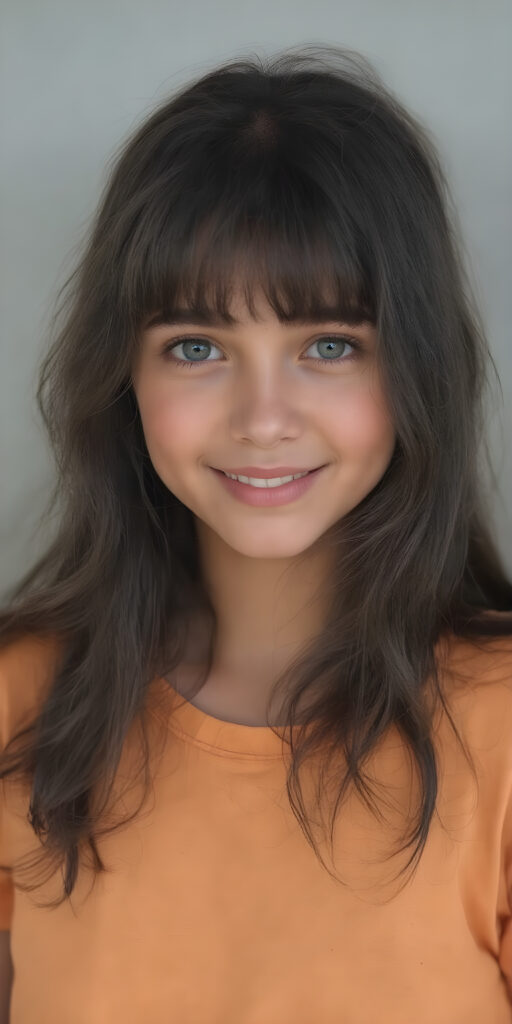 A beautifully realistic (((photo of a petite, teen girl, wears a short amber t-shirt))). The scene is framed by her long, wavy ((black hair)), which cascades down her back in a soft, elegant (bangs cut). Her face is round with (almond skin) and (rosy cheeks)) that blush prettily. She's posed against a (plain grey background), in a (full body portrait) that captures her youthful vitality. Her eyes are (((focused detailed))), with a (natural light) that brings out her (amber hue) and the intricate details of her (skin texture) show through. The image exudes a sense of (realism) and (hyper-detailed beauty). Her (cheerful smile, open mouth, white teeth) adds a touch of (natural joy).