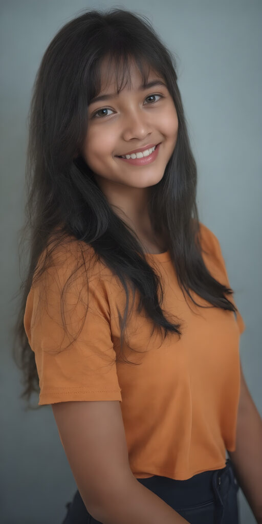 A beautifully realistic (((photo of a petite, teen girl, wears a short amber t-shirt))). The scene is framed by her long, wavy ((black hair)), which cascades down her back in a soft, elegant (bangs cut). Her face is round with (almond skin) and (rosy cheeks)) that blush prettily. She's posed against a (plain grey background), in a (full body portrait) that captures her youthful vitality. Her eyes are (((focused detailed))), with a (natural light) that brings out her (amber hue) and the intricate details of her (skin texture) show through. The image exudes a sense of (realism) and (hyper-detailed beauty). Her (cheerful smile, open mouth, white teeth) adds a touch of (natural joy).