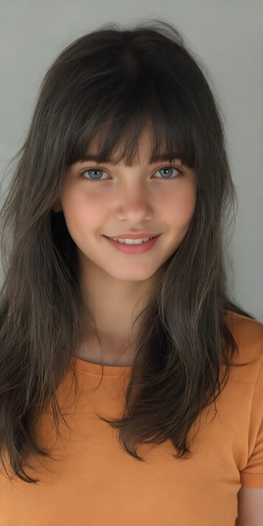 A beautifully realistic (((photo of a petite, teen girl, wears a short amber t-shirt))). The scene is framed by her long, wavy ((black hair)), which cascades down her back in a soft, elegant (bangs cut). Her face is round with (almond skin) and (rosy cheeks)) that blush prettily. She's posed against a (plain grey background), in a (full body portrait) that captures her youthful vitality. Her eyes are (((focused detailed))), with a (natural light) that brings out her (amber hue) and the intricate details of her (skin texture) show through. The image exudes a sense of (realism) and (hyper-detailed beauty). Her (cheerful smile, open mouth, white teeth) adds a touch of (natural joy).