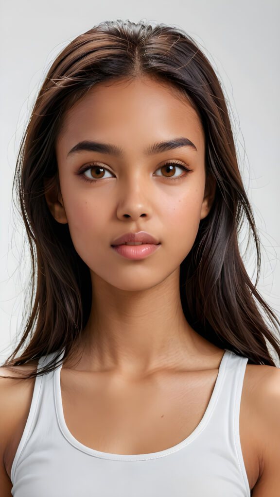 A (clear and detailed (((upper-body portrait))), featuring a young girl with (((long, straight black hair))), and (((light brown eyes))) with (((brown irises))), that convey a sense of (((playfulness and curiosity))) blending seamlessly into a (((super detailed and high quality face))), with (((full lips))), that exude (((natural color and texture matching))). She wears a (((white cropped tank top))), which complements her (((tanned skin))). The overall look exudes a (((healthy, natural beauty))) that is both (((extremely detailed and hyper realistic))), evoking the essence of a (((professional studio photo shoot))) with a (((high resolution, 8K camera))) that captures the essence of this (((upper-body portrait))) with exquisite detail and color grading that match the scene perfectly