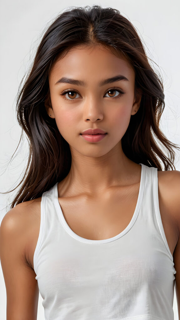 A (clear and detailed (((upper-body portrait))), featuring a young girl with (((long, straight black hair))), and (((light brown eyes))) with (((brown irises))), that convey a sense of (((playfulness and curiosity))) blending seamlessly into a (((super detailed and high quality face))), with (((full lips))), that exude (((natural color and texture matching))). She wears a (((white cropped tank top))), which complements her (((tanned skin))). The overall look exudes a (((healthy, natural beauty))) that is both (((extremely detailed and hyper realistic))), evoking the essence of a (((professional studio photo shoot))) with a (((high resolution, 8K camera))) that captures the essence of this (((upper-body portrait))) with exquisite detail and color grading that match the scene perfectly