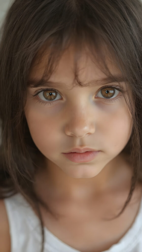 A (clear and detailed (((upper-body portrait))), featuring a young girl with (((long, straight black hair))), and (((light brown eyes))) with (((brown irises))), that convey a sense of (((playfulness and curiosity))) blending seamlessly into a (((super detailed and high quality face))), with (((full lips))), that exude (((natural color and texture matching))). She wears a (((white cropped tank top))), which complements her (((tanned skin))). The overall look exudes a (((healthy, natural beauty))) that is both (((extremely detailed and hyper realistic))), evoking the essence of a (((professional studio photo shoot))) with a (((high resolution, 8K camera))) that captures the essence of this (((upper-body portrait))) with exquisite detail and color grading that match the scene perfectly