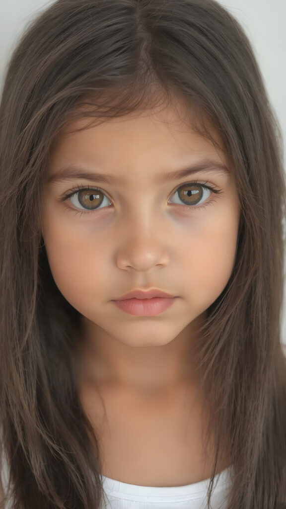 A (clear and detailed (((upper-body portrait))), featuring a young girl with (((long, straight black hair))), and (((light brown eyes))) with (((brown irises))), that convey a sense of (((playfulness and curiosity))) blending seamlessly into a (((super detailed and high quality face))), with (((full lips))), that exude (((natural color and texture matching))). She wears a (((white cropped tank top))), which complements her (((tanned skin))). The overall look exudes a (((healthy, natural beauty))) that is both (((extremely detailed and hyper realistic))), evoking the essence of a (((professional studio photo shoot))) with a (((high resolution, 8K camera))) that captures the essence of this (((upper-body portrait))) with exquisite detail and color grading that match the scene perfectly