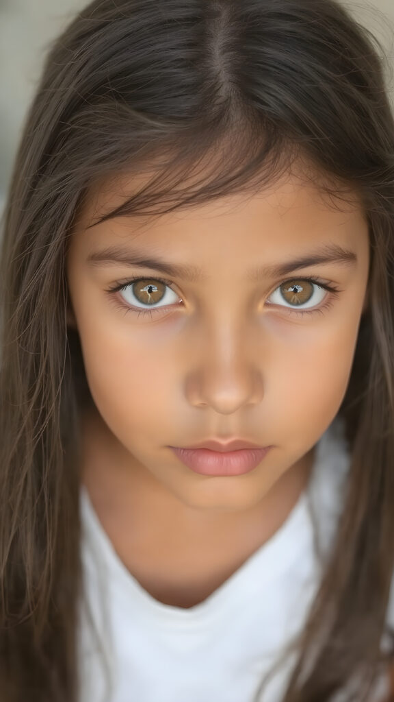 A (clear and detailed (((upper-body portrait))), featuring a young girl with (((long, straight black hair))), and (((light brown eyes))) with (((brown irises))), that convey a sense of (((playfulness and curiosity))) blending seamlessly into a (((super detailed and high quality face))), with (((full lips))), that exude (((natural color and texture matching))). She wears a (((white cropped tank top))), which complements her (((tanned skin))). The overall look exudes a (((healthy, natural beauty))) that is both (((extremely detailed and hyper realistic))), evoking the essence of a (((professional studio photo shoot))) with a (((high resolution, 8K camera))) that captures the essence of this (((upper-body portrait))) with exquisite detail and color grading that match the scene perfectly