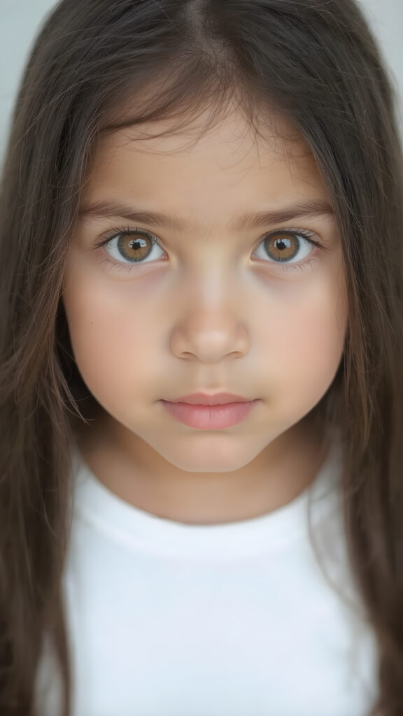 A (clear and detailed (((upper-body portrait))), featuring a young girl with (((long, straight black hair))), and (((light brown eyes))) with (((brown irises))), that convey a sense of (((playfulness and curiosity))) blending seamlessly into a (((super detailed and high quality face))), with (((full lips))), that exude (((natural color and texture matching))). She wears a (((white cropped tank top))), which complements her (((tanned skin))). The overall look exudes a (((healthy, natural beauty))) that is both (((extremely detailed and hyper realistic))), evoking the essence of a (((professional studio photo shoot))) with a (((high resolution, 8K camera))) that captures the essence of this (((upper-body portrait))) with exquisite detail and color grading that match the scene perfectly