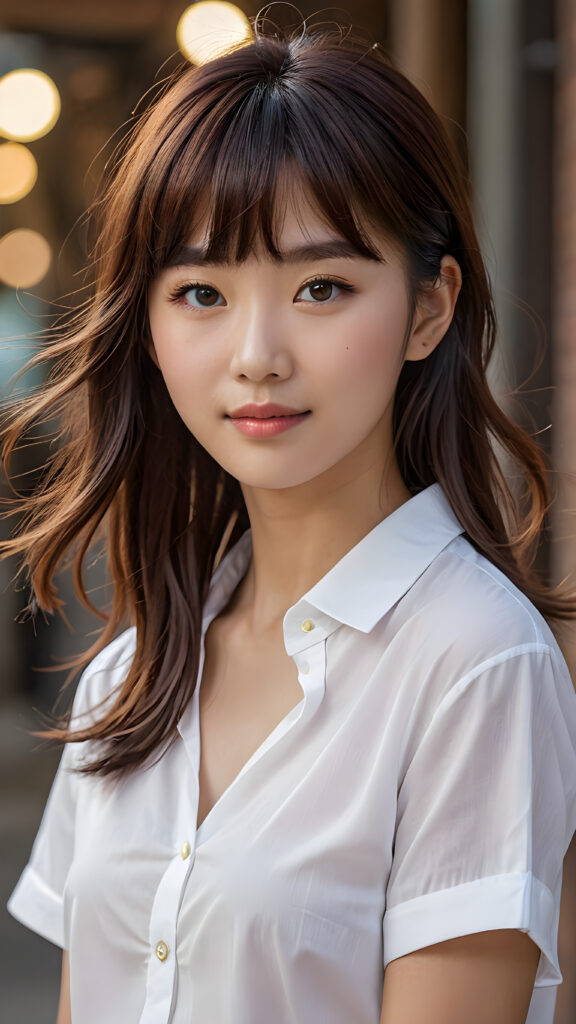 A (((cute 16-year-old Filipino girl with intricate Korean-style bangs))), featuring highly detailed, ultra realistic hair that extends beyond her shoulders. She’s clad in a (((perfectly curved and fitted white short shirt))), with a stunning face that exudes realism, complete with glowing, ultra-realistic amber eyes and delicate, detailed maroon straight hair that flows down her back. Her skin is highly detailed, with subtle wrinkles and a warm smile that draws the viewer in. Captured in an incredibly advanced image with deeply saturated colors, advanced film grain, and a soft focus that creates a sense of beauty and wonder. This advanced image represents the pinnacle of digital artistry, with unparalleled detail and advanced technology, making it a true masterpiece that pushes the boundaries of what is possible