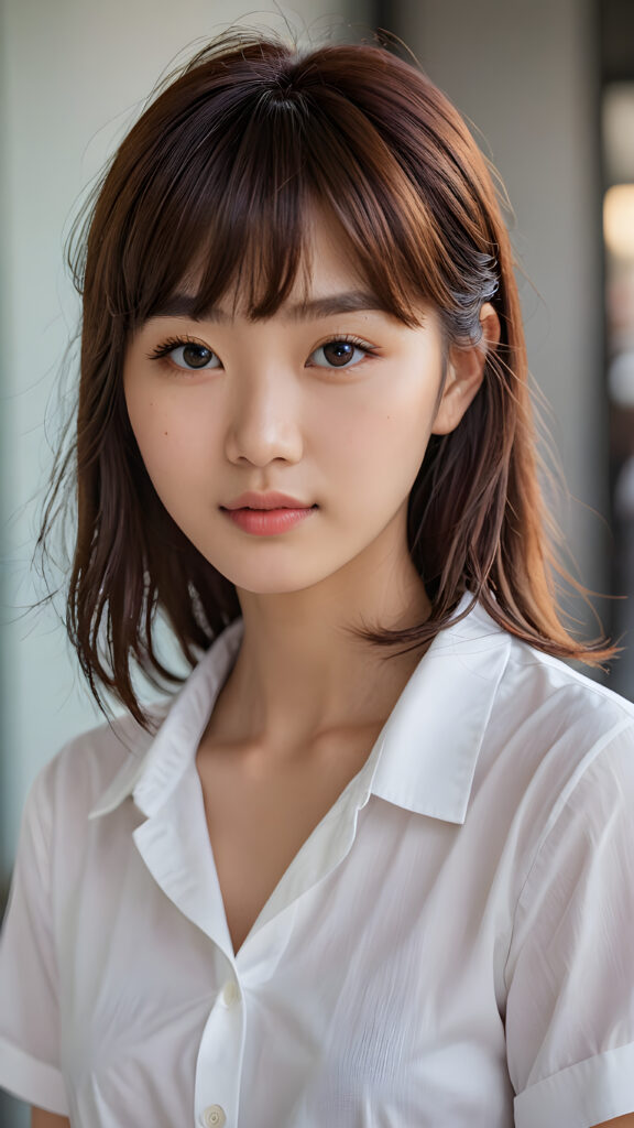 A (((cute 16-year-old Filipino girl with intricate Korean-style bangs))), featuring highly detailed, ultra realistic hair that extends beyond her shoulders. She’s clad in a (((perfectly curved and fitted white short shirt))), with a stunning face that exudes realism, complete with glowing, ultra-realistic amber eyes and delicate, detailed maroon straight hair that flows down her back. Her skin is highly detailed, with subtle wrinkles and a warm smile that draws the viewer in. Captured in an incredibly advanced image with deeply saturated colors, advanced film grain, and a soft focus that creates a sense of beauty and wonder. This advanced image represents the pinnacle of digital artistry, with unparalleled detail and advanced technology, making it a true masterpiece that pushes the boundaries of what is possible