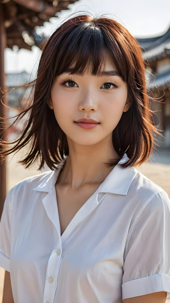 A (((cute 16-year-old Filipino girl with intricate Korean-style bangs))), featuring highly detailed, ultra realistic hair that extends beyond her shoulders. She’s clad in a (((perfectly curved and fitted white short shirt))), with a stunning face that exudes realism, complete with glowing, ultra-realistic amber eyes and delicate, detailed maroon straight hair that flows down her back. Her skin is highly detailed, with subtle wrinkles and a warm smile that draws the viewer in. Captured in an incredibly advanced image with deeply saturated colors, advanced film grain, and a soft focus that creates a sense of beauty and wonder. This advanced image represents the pinnacle of digital artistry, with unparalleled detail and advanced technology, making it a true masterpiece that pushes the boundaries of what is possible