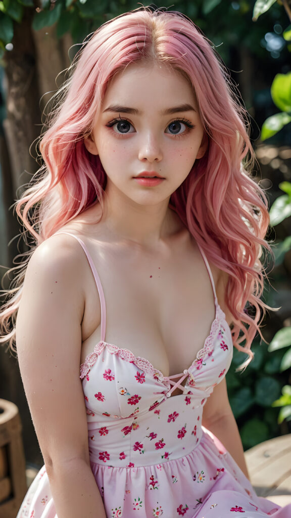 a (((cute girl))), 14 years old, ((pretty face)), (((perfect body))), (((white skin))), ((sundress)), (((Pink Ditsy Strappy))), (((perfect curvy body))), ((beautiful long curvy pinkish hair)), ((thick eyebrows)), (((perfect large cute eyes))), ((pretty face)), (((slime cute girl))), ((cute stabs)), ((detailed large cute eyes)), ((detailed eyebrows)), ((perfect curvy body)), (((korean))))