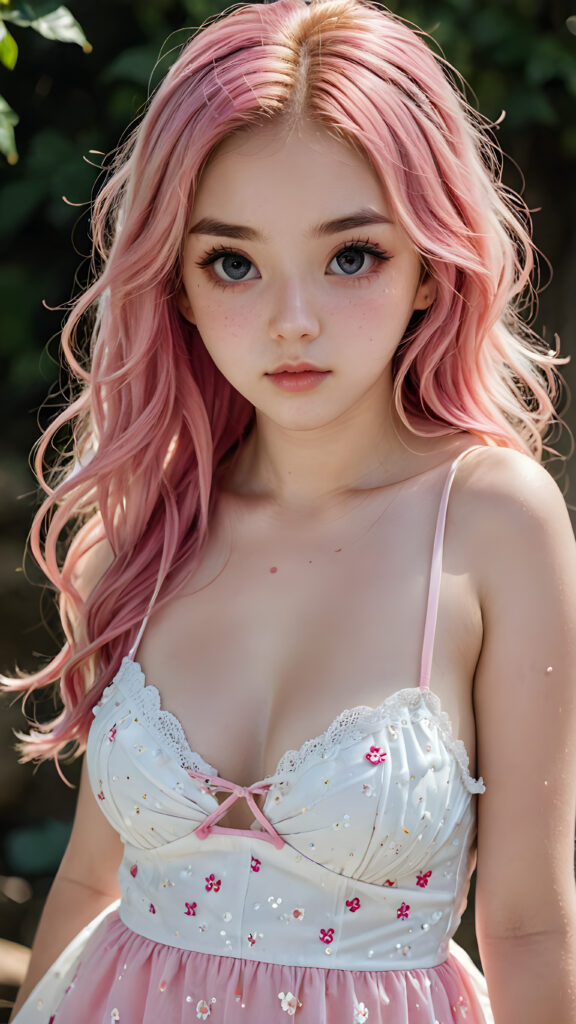 a (((cute girl))), 14 years old, ((pretty face)), (((perfect body))), (((white skin))), ((sundress)), (((Pink Ditsy Strappy))), (((perfect curvy body))), ((beautiful long curvy pinkish hair)), ((thick eyebrows)), (((perfect large cute eyes))), ((pretty face)), (((slime cute girl))), ((cute stabs)), ((detailed large cute eyes)), ((detailed eyebrows)), ((perfect curvy body)), (((korean))))