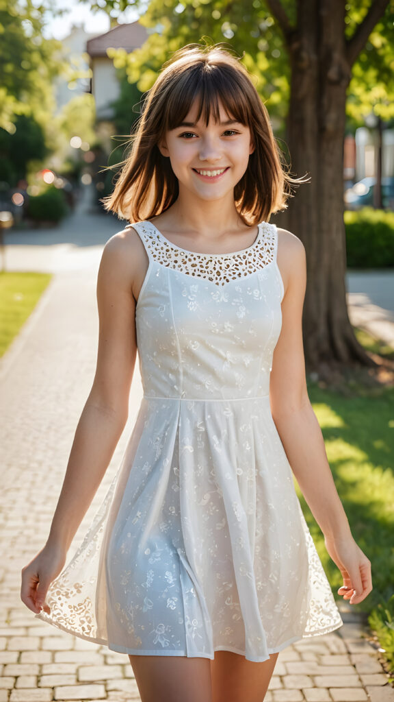 A (((cute teenage girl))) with a sunny smile and an endearingly awkward pose, shoulder-length, straight hair in bangs cut that shines in the sunlight, she wears a short summer dress, caught mid-step in a ((full-body image)) ((detailed))