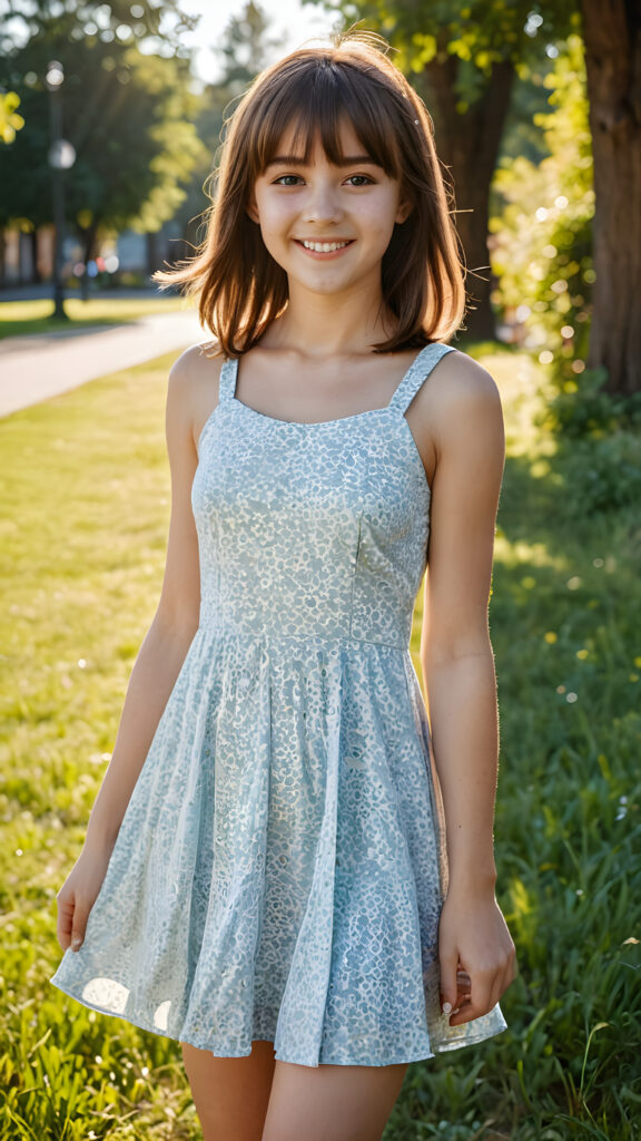 A (((cute teenage girl))) with a sunny smile and an endearingly awkward pose, shoulder-length, straight hair in bangs cut that shines in the sunlight, she wears a short summer dress, caught mid-step in a ((full-body image)) ((detailed))