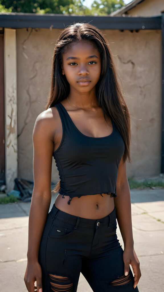 a (((dark-skinned teen girl))) with long, flowing (straight hair), aged 14, who exudes an air of seduction with a (((tattered cropped black tank top))), exhibiting a perfect, (curvaceous body)