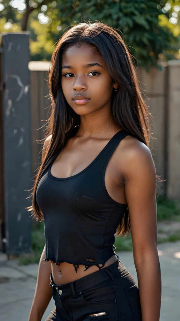 a (((dark-skinned teen girl))) with long, flowing (straight hair), aged 14, who exudes an air of seduction with a (((tattered cropped black tank top))), exhibiting a perfect, (curvaceous body)