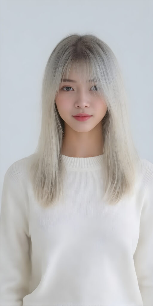 A (((detailed and cute korean lady with straight, long white hair))), characterized by (((slender, delicate facial features))) and (((porcelain skin))), clad in a (((thin, short white sweater))) over a (((mysteriously transparent, sleek sheer mini skirt))), poised elegantly, exuding a sense of (((fashionably toned poise))), designed for fashion photography, with luxurious touches like intricate detailing and contemporary styling. Her look is both playful and sophisticated, embodying the essence of a (Korean supermodel) in a (professional studio setting), perfect eyes, perfect lips, slim, youthful face, and a warm, inviting smile, all complemented by a (fashionably asymmetrical bob hairstyle)