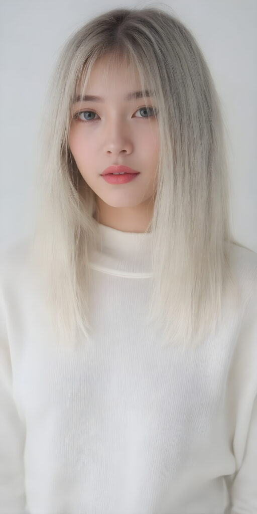 A (((detailed and cute korean lady with straight, long white hair))), characterized by (((slender, delicate facial features))) and (((porcelain skin))), clad in a (((thin, short white sweater))) over a (((mysteriously transparent, sleek sheer mini skirt))), poised elegantly, exuding a sense of (((fashionably toned poise))), designed for fashion photography, with luxurious touches like intricate detailing and contemporary styling. Her look is both playful and sophisticated, embodying the essence of a (Korean supermodel) in a (professional studio setting), perfect eyes, perfect lips, slim, youthful face, and a warm, inviting smile, all complemented by a (fashionably asymmetrical bob hairstyle)