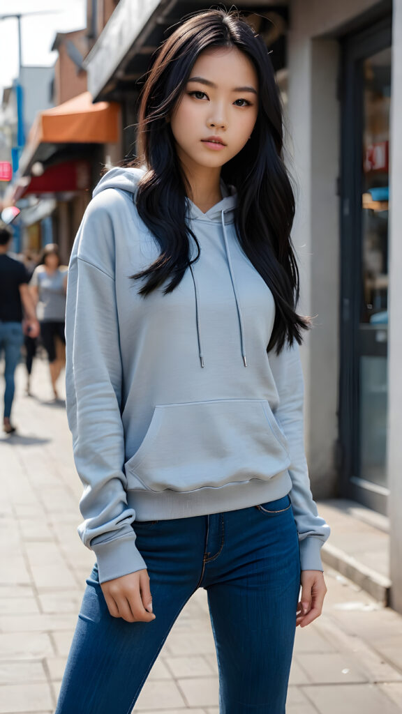 A (((detailed and realistic full-body portrait))), featuring a (((trendy young Asian teen girl))) with long, flowing (((black hair))), embodying a (((modern aesthetic))) with a (((super short, tight, thin silk grey hoodie top))), paired with a (((blue skin tight jeans))), both complemented by (((sharp, urban street photography-inspired accessories))), like a (((Yoji Shinkawa-inspired sleek, minimalist handbag))) and (((stunningly detailed, realistic eyes))), with highly detailed (((pupils))), that draw the viewer in for an intense close-up